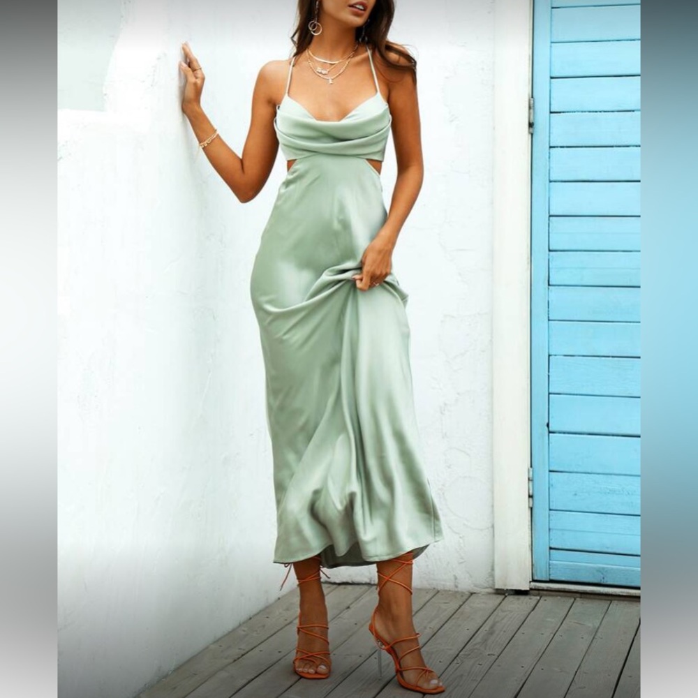 Elegant Sage Green Cutout Open Back Satin Dress